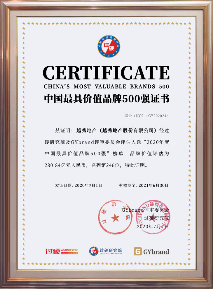 越秀地产品牌价值280.84亿元 跻身中国最具价值品牌500强