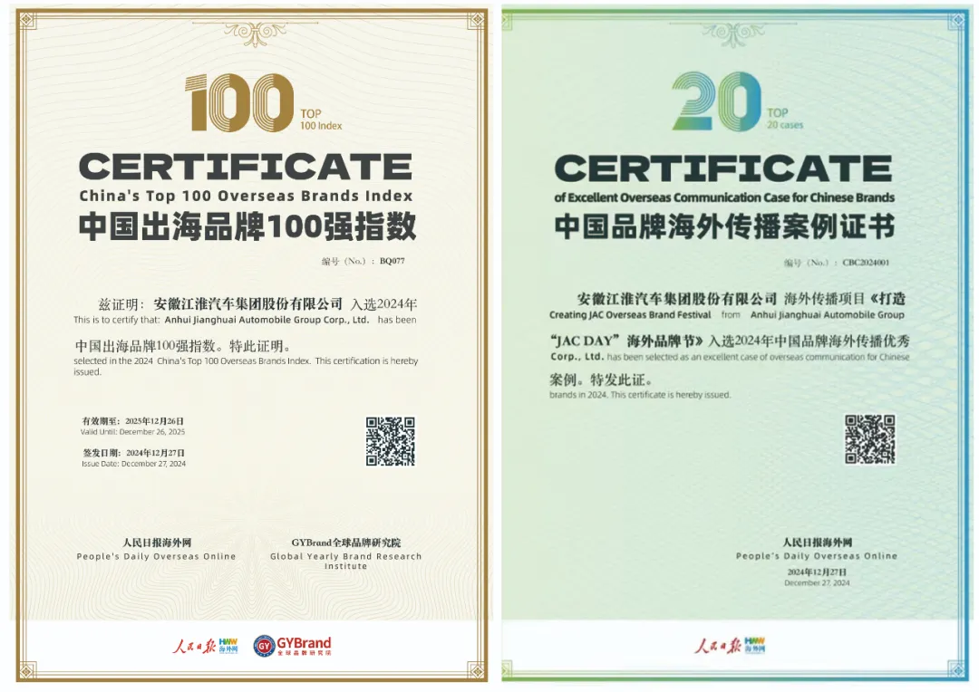 江淮汽车入选2024年中国出海品牌100强证书