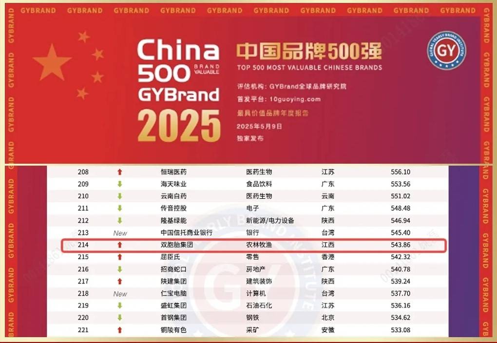 双胞胎集团再度上榜中国最具价值品牌500强！排名上升19名
